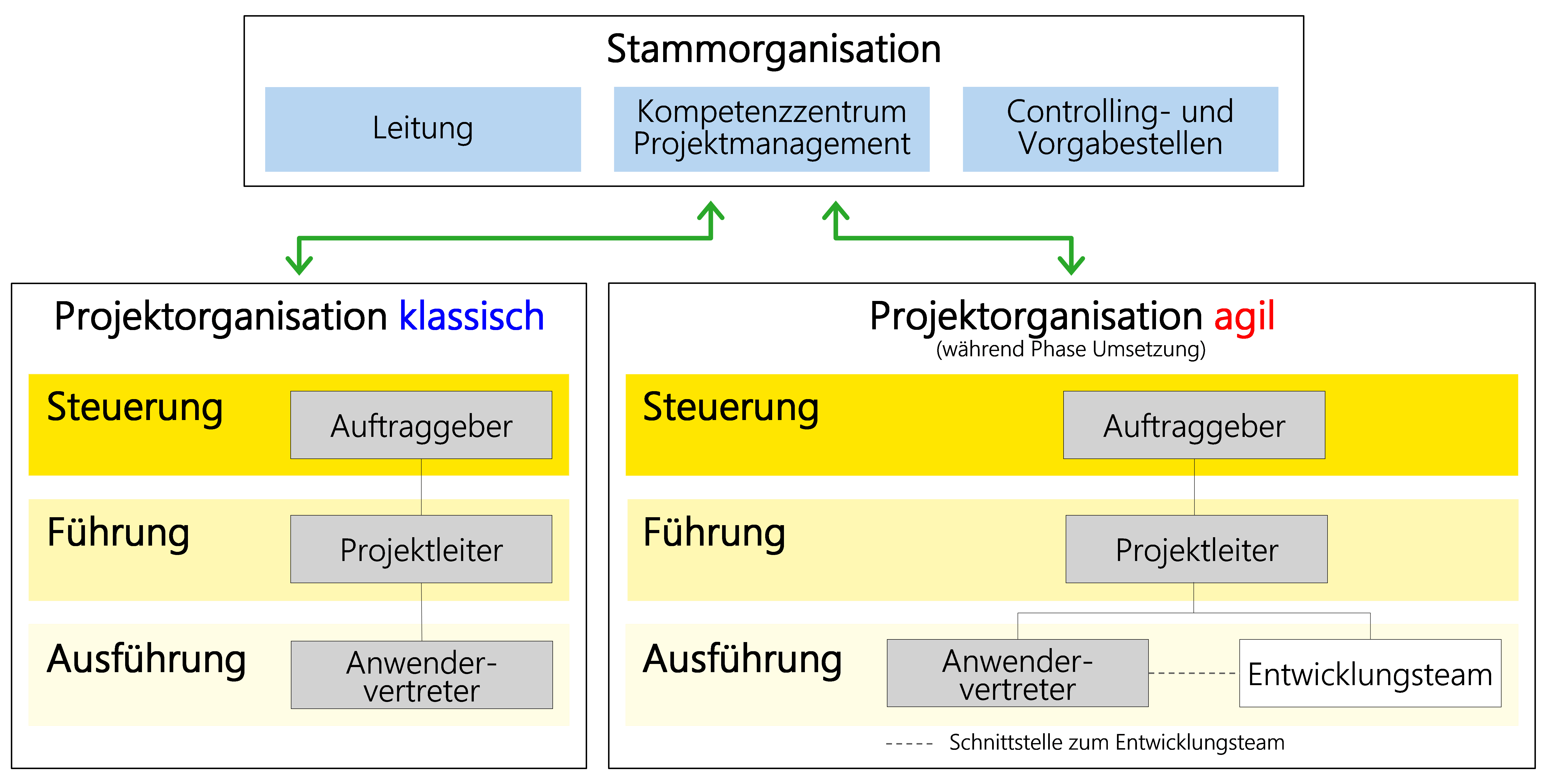 Abbildung: Stammorganisation sowie Projektorganisation mit minimal erforderlichen Rollen (grau)